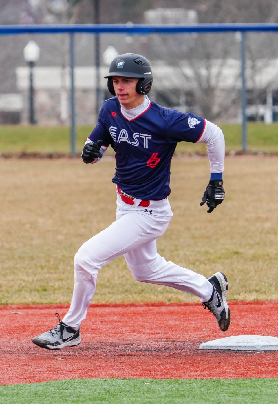 Brookfield East's Ryan Berghauer (6) rounds the bases for an inside-the-park home run during the scrimmage at Brookfield Central, Sunday, April 2, 2023.