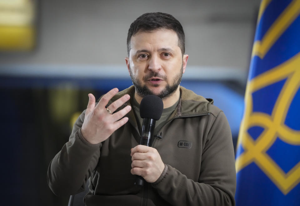 FILE - Ukrainian President Volodymyr Zelenskyy answers media questions during a press conference in a city subway under a central square in Kyiv, Ukraine, April 23, 2022. Zelenskky had just been elected when he asked then-President Donald Trump during a July 25, 2019, phone call for a meeting to strengthen U.S.-Ukraine relations and ensure military aid, according to a transcript released by Trump's White House. (AP Photo/Efrem Lukatsky, File)