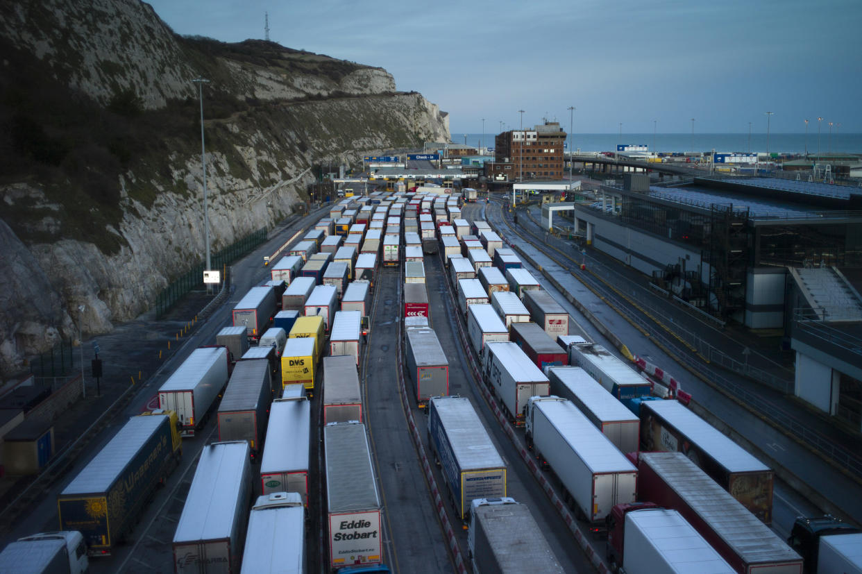 DOVER, ENGLAND - JANUARY 22: Freight queues at Dover port on January 22, 2021 in Dover, England. Since Brexit, new requirements for EU transport firms to provide tens of thousands of pounds worth of VAT and tariff guarantees have left hauliers refusing contracts to carry loads for small and medium sized businesses from the U.K.  (Photo by Dan Kitwood/Getty Images)