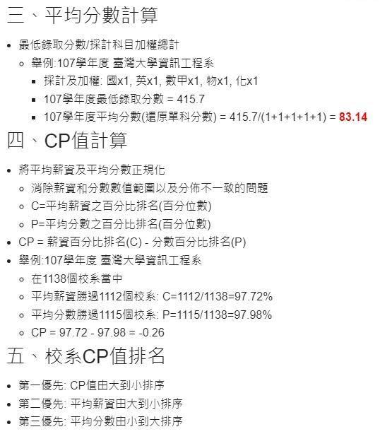 中華大學的「校系CP值」的算法為「CP = 薪資百分比排名（C） - 分數百分比排名（P）」。（翻攝自「2022 中華大學資訊工程系 資料探勘實驗室」網頁）