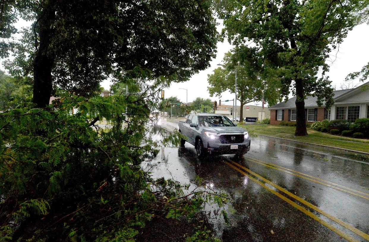 A vehicle drives around a tree branch blocking part of South Grande Ave around the 200 block Thursday, June 29, 2023. Many tree branches fell in Springfield during the storm that occurred Thursday afternoon.