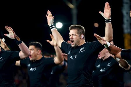 Richie McCaw of New Zealand's All Blacks performs the haka against Argentina before their Rugby Championship match at AMI Stadium in Christchurch, July 17, 2015. REUTERS/Phil Walter/Pool