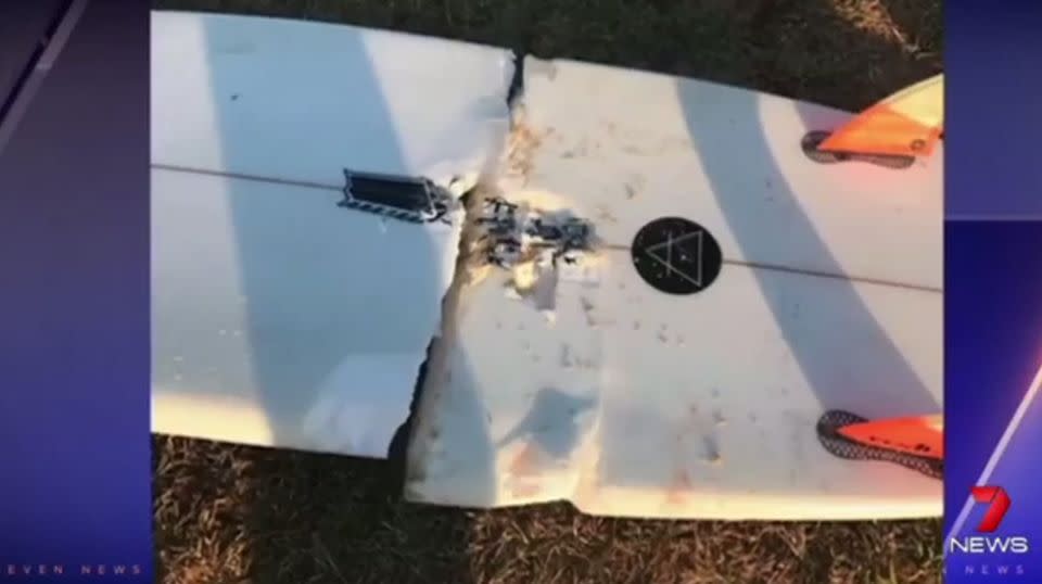 During the attack the surfer's board was snapped in half. Source: 7 News