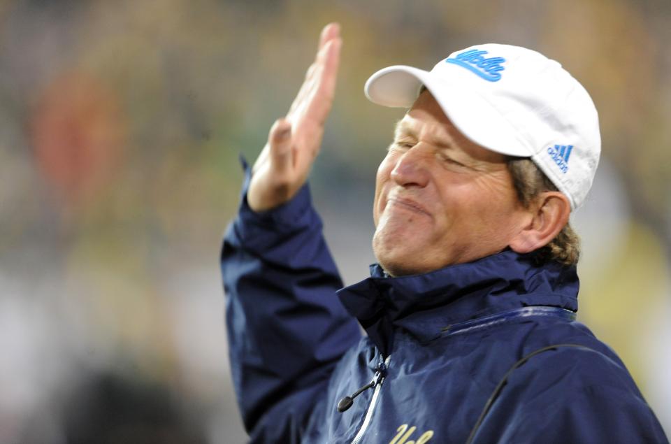 EUGENE, OR - DECEMBER 02 : Head coach Rick Neuheisel of the UCLA Bruins shows his feelings about an official's call in the second quarter of the Pac-12 Championship game against the Oregon Ducks at Autzen Stadium on December 2, 2011 in Eugene, Oregon. (Photo by Steve Dykes/Getty Images)