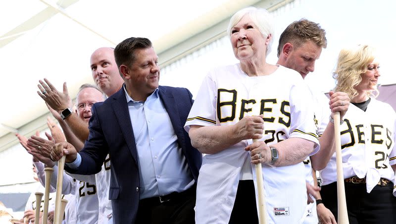 Gail Miller, center, smiles after throwing dirt at the celebration and groundbreaking event of the new Salt Lake Bees ballpark and Phase 1 of Downtown Daybreak in South Jordan on Thursday, Oct. 19, 2023.