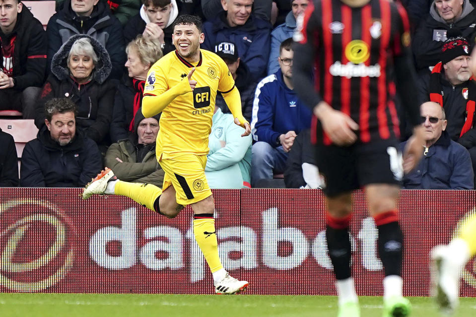 Sheffield United's Gustavo Hamer celebrates scoring during the English Premier League soccer match between Bournemouth and Sheffield United at the Vitality Stadium, Bournemouth, England, Saturday March 9, 2024. (Zac Goodwin/PA via AP)