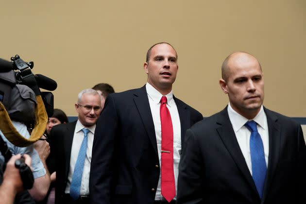 Ryan Graves, executive director of Americans for Safe Aerospace, David Grusch, former National Reconnaissance Office representative on the Defense Department's Unidentified Aerial Phenomena Task Force, and retired Navy Commander David Fravor arrive for House Oversight & Accountability Committee's National Security, the Border, and Foreign Affairs Subcommittee's hearing on 