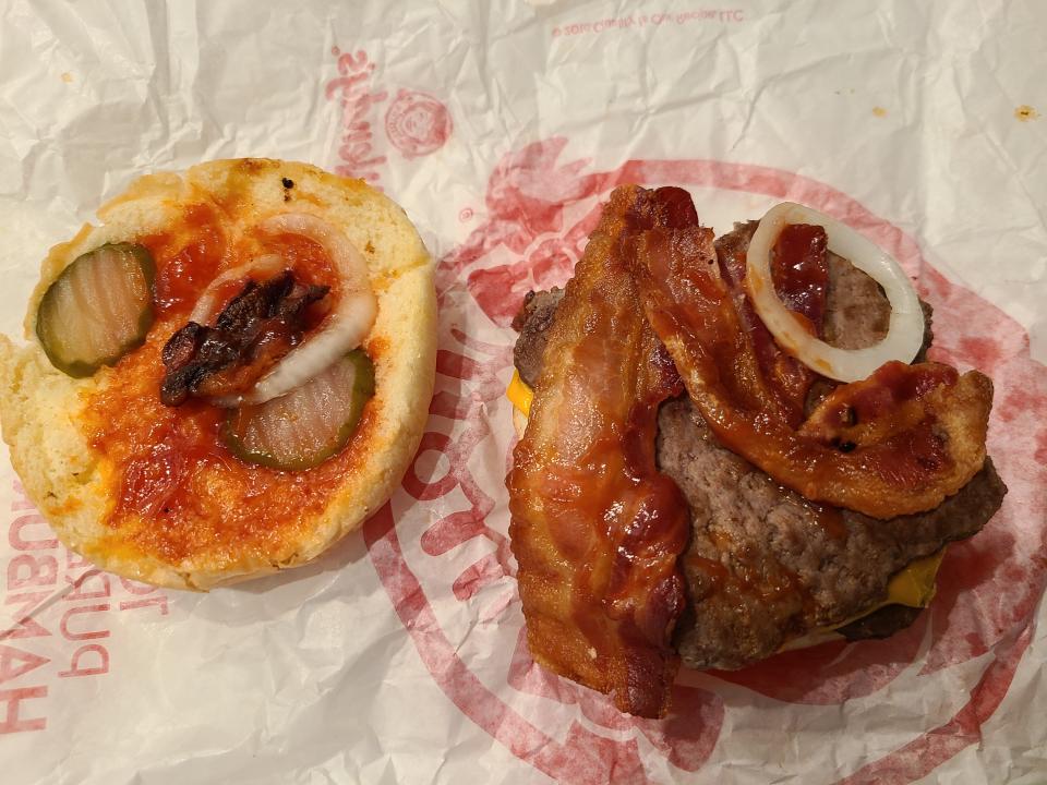 wendys bacon double stack with top off on red and white wrapper