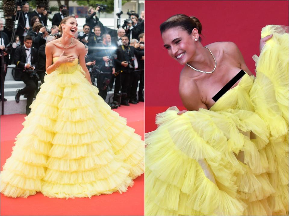 Fernanda in a strapless voluminous tiered tulle skirted dress. Side by side of her holding her hand over her chest next to her lifting her skirt and her bare chest peeking out of her bodice.