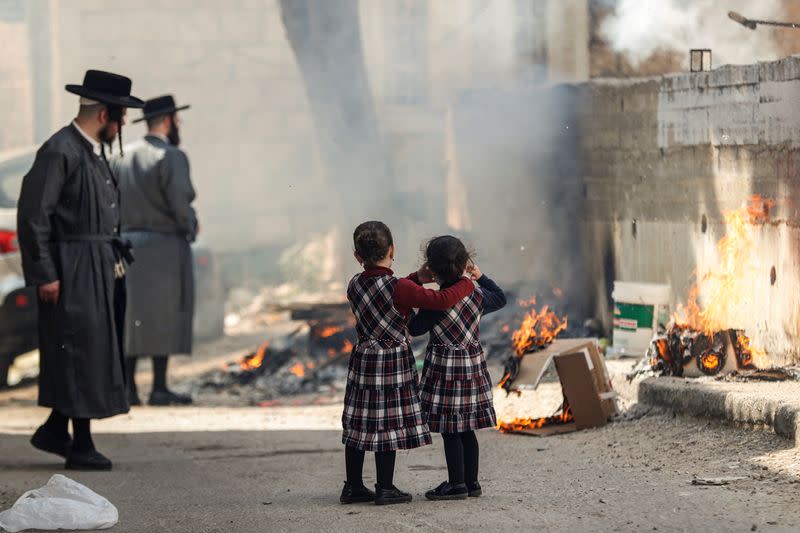 Ultra-Orthodox Jews burn leaven in the Mea Shearim neighborhood of Jerusalem ahead of the Jewish holiday of Passover