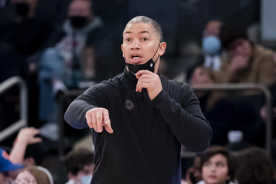 Los Angeles Clippers head coach Tyronn Lue works the bench during the second half of an NBA basketball game against the New York Knicks, Sunday, Jan. 23, 2022, in New York. (AP Photo/John Minchillo)