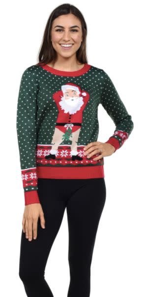The fine people who made this sweater want you to know that you can <a href="https://www.tipsyelves.com/womens-face-swap-sweater" target="_blank">swap out Santa's face with a photo of yourself.</a> However, most people's eyes are glued to the bikini panties he's wearing. It's just how people are.