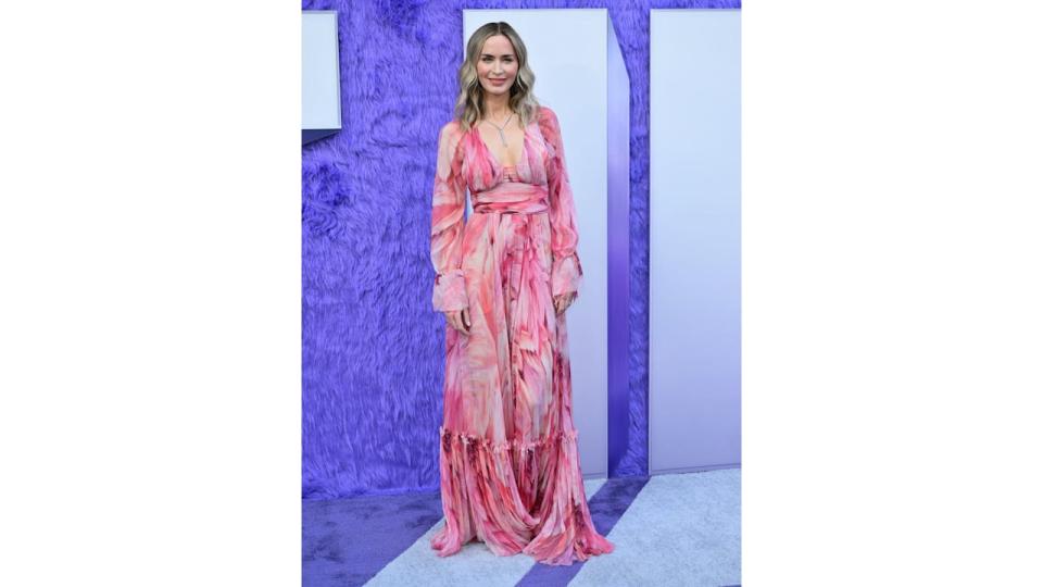 Emily Blunt in a pink, flowy gown at the IF premiere 