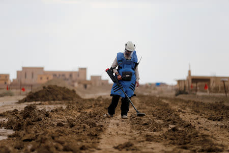 A man holds a device to detect mines in an area recently cleared of mines and unexploded ordnance in a project to clear the area near Qasr Al-Yahud, a traditional baptism site along the Jordan River, near Jericho in the occupied West Bank, December 9, 2018. REUTERS/Ammar Awad