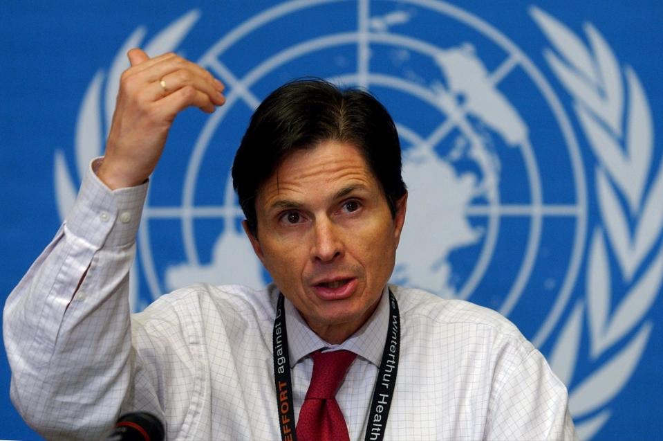David L. Heymann, executive director of World Health Organization (WHO) programme on Communicable Diseases, gestures as he speaks during a press conference at the United Nations in Geneva, Switzerland, Tuesday, April 1, 2003.
