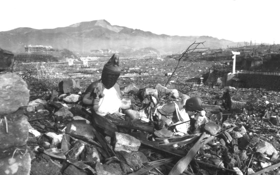 Broken statues of the Buddha in Nagasaki in September 1945