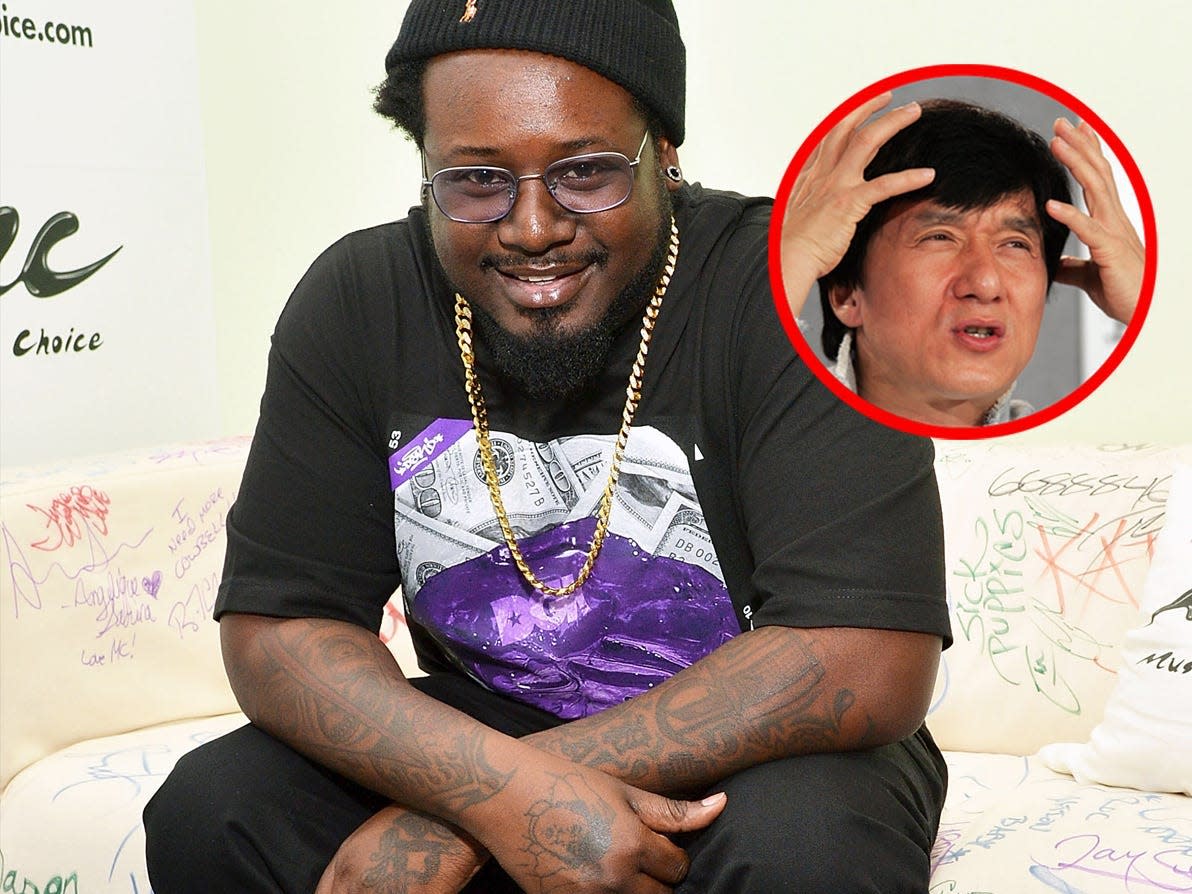 Rapper T-Pain (left) sitting down, with a close-up image of his Jackie Chan tattoo (right).