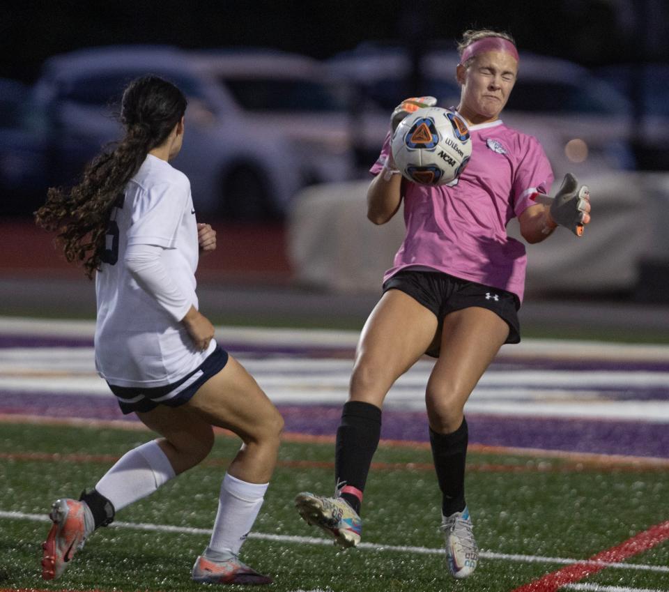 Howell Veronica Nieves kicks the ball directly into Rumson goal Katie Walls as she tries to score in first half action. goalie Howell Girls Soccer defeats Rumson-Fair Haven 1-0 in Shore Conference Quarterfinal game in Rumson on October 16, 2023.