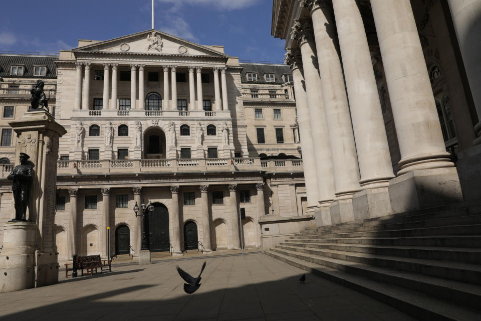 LONDON, April 13, 2020. Photo taken on April 13, 2020 shows a general view of the Bank of England in London, Britain. Britain's gross domestic product ,GDP, could fall by 25 to 30 percent in the second quarter amid the COVID-19 pandemic, British Chancellor of the Exchequer Rishi Sunak said during the weekend, according to local media reports. (Photo by Tim Ireland/Xinhua via Getty) (Xinhua/ via Getty Images)