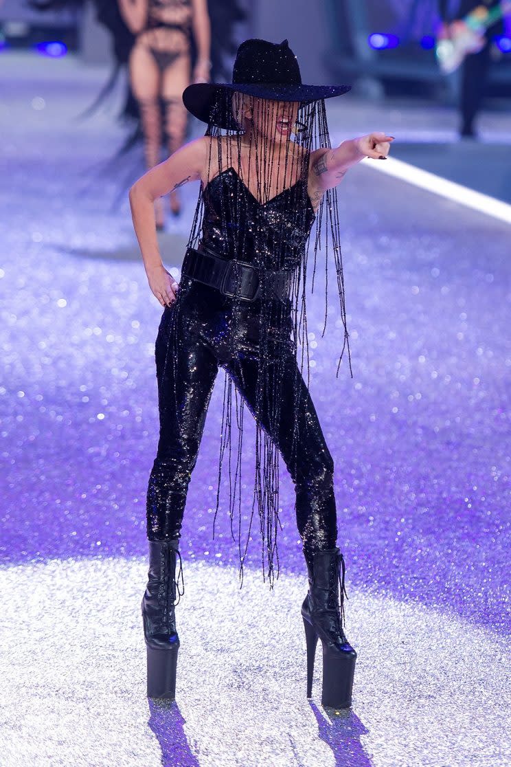 Lady Gaga took to the stage in three variations of this one outfit [Photo: Getty]