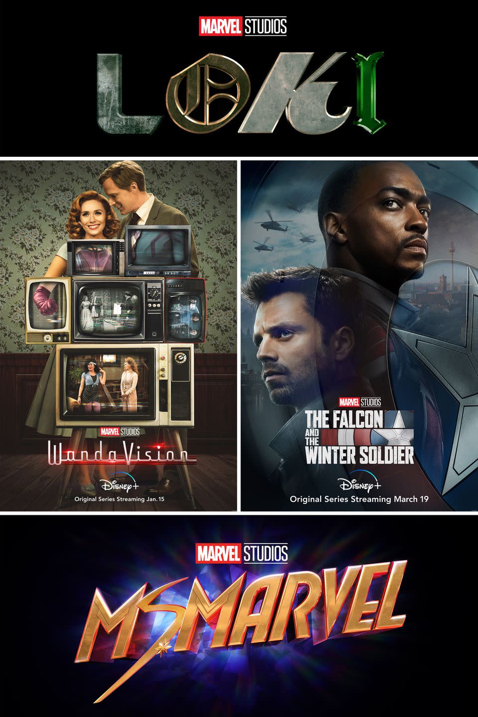 4) <i>WandaVision</i> (January 15), <i>The Falcon and The Winter Soldier</i> (March 19), <i>Loki</i> (May), Ms. Marvel (Fall 2021)