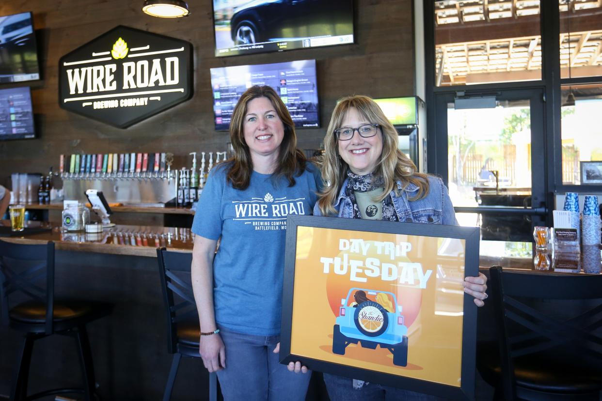 Natalie Wlodarczyk, left, and Shannon Stine of The Shandies pose for a portrait with the Day Trip Tuesday promotional art at Wire Road Brewing Company on Tuesday, May 2, 2023. The Shandies and Wire Road have partnered to release a collaborative non-alcoholic pale ale on May 16.