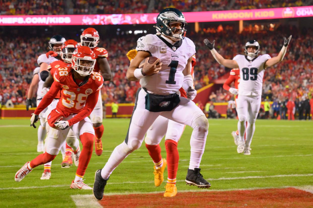 Jalen Hurts ran for two touchdowns in the Eagles' victory over the Chiefs Monday night.