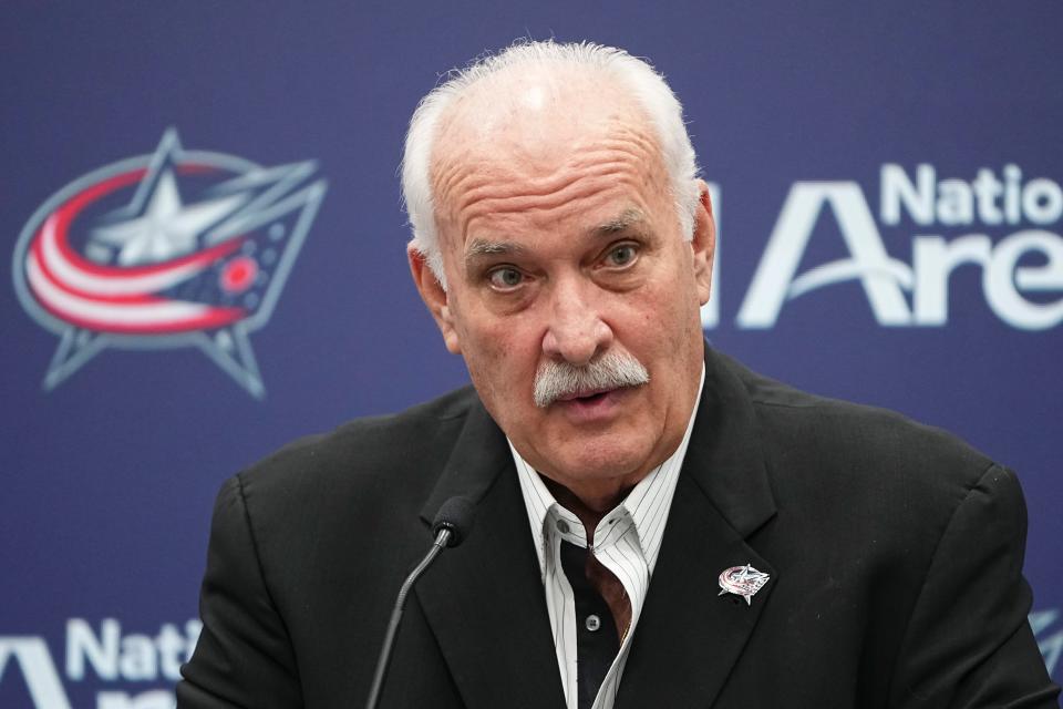 Feb 15, 2024; Columbus, Ohio, USA; Columbus Blue Jackets president John Davidson speaks during a press conference after firing general manager Jarmo Kekalainen at Nationwide Arena.