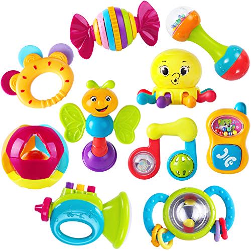 iPlay, iLearn 10pcs Baby Rattles Teether, Shaker, Grab and Spin Rattle, Musical Toy Set, Early Educational Toys for 3, 6, 9, 12 Month Baby Infant, Newborn (Amazon / Amazon)