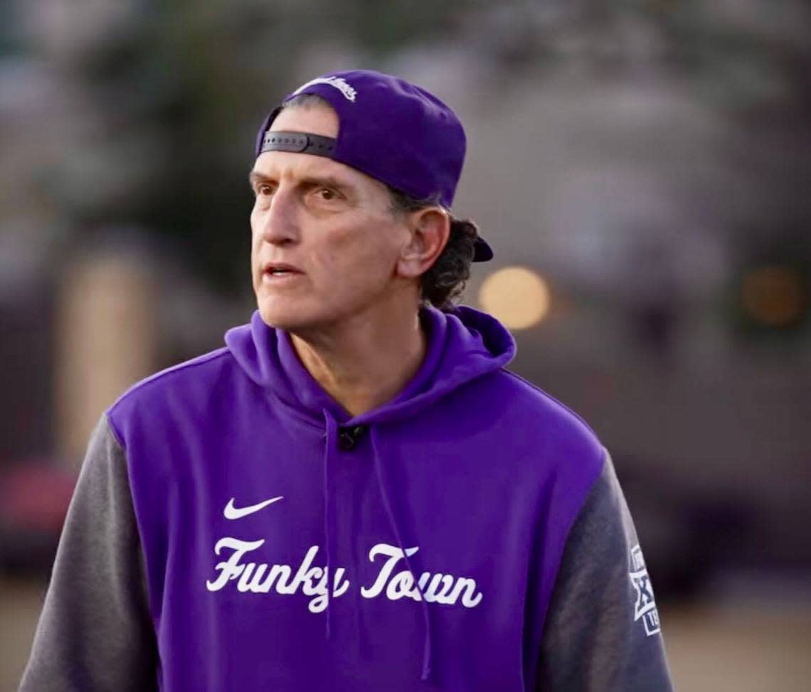 TCU assistant coach Doug Meacham in a “Funky Town” T-shirt early in the 2022 season.