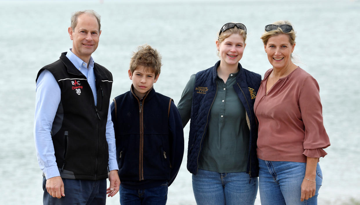 SOUTHSEA, ENGLAND - SEPTEMBER 20: Britain's Prince Edward, Earl of Wessex and Sophie, Countess of Wessex pose with their children Lady Louise and James, Viscount Severn, as they take part in the Great British Beach Clean on September 20, 2020 in in Southsea, United Kingdom. (Photo by Toby Melville - WPA Pool / Getty Images)