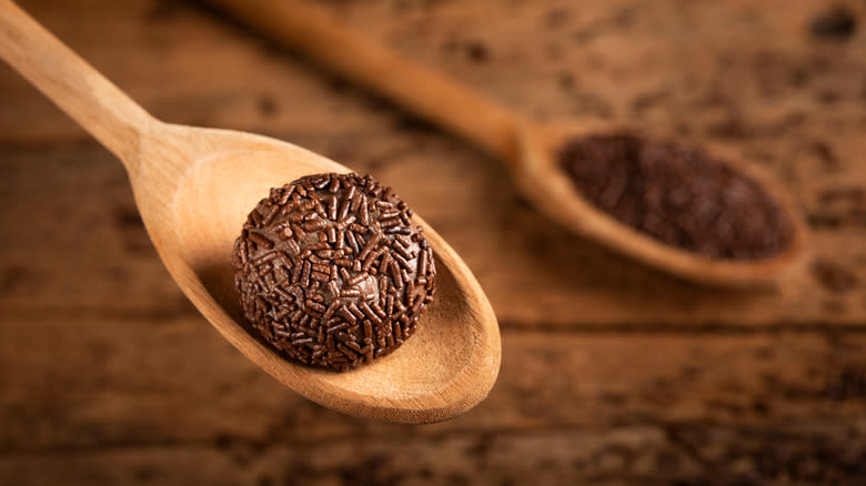 Brigadeiro on a wooden spoon