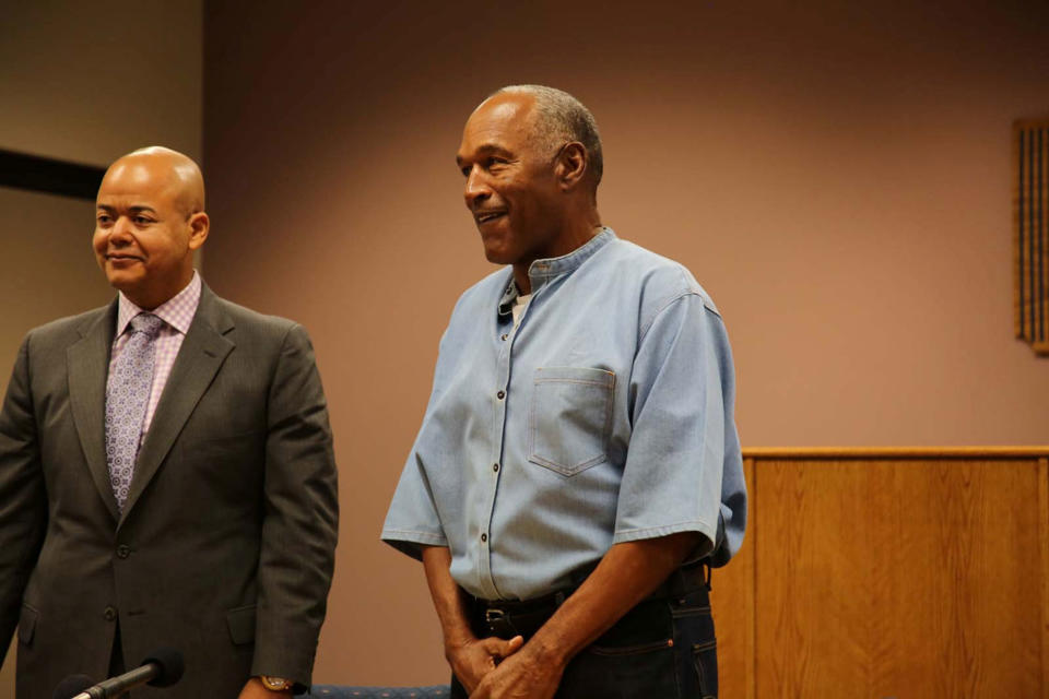 <p>O.J. Simpson (R) arrives for his parole hearing with attorney Malcolm LaVergne at Lovelock Correctional Centre in Lovelock, Nevada, U.S. July 20, 2017. (Sholeh Moll/Nevada Department of Transportation/Handout via Reuters) </p>