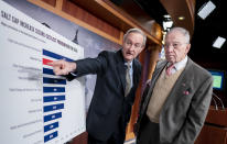 Sen. Mike Crapo, R-Idaho, left, and Sen. Chuck Grassley, R-Iowa, look over a chart before the start of their news conference to discuss the state and local tax (SALT) cap provision in President Joe Biden's domestic agenda, at the Capitol in Washington, Wednesday, Dec. 1, 2021. (AP Photo/J. Scott Applewhite)