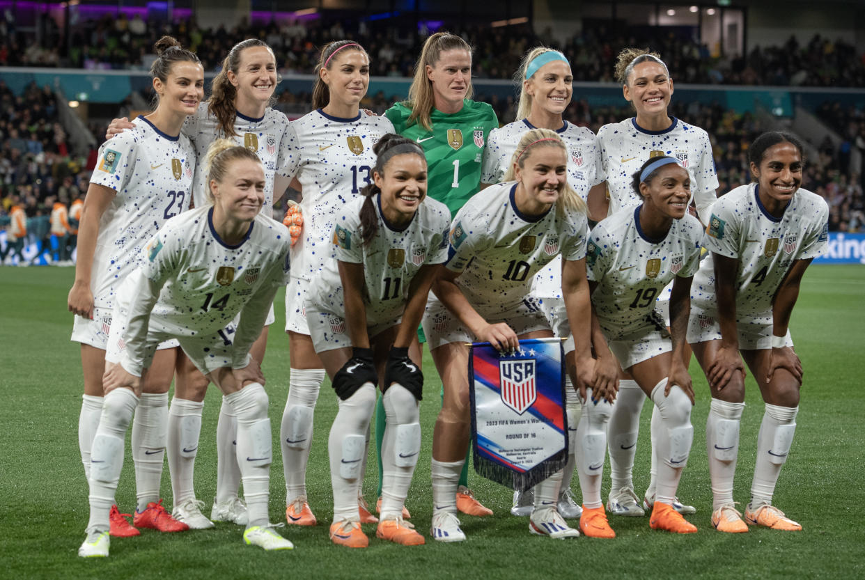 MELBOURNE, AUSTRALIA - AUGUST 6: (Back row from left to right) Emily Fox, Andi Sullivan, Alex Morgan, Alyssa Naeher, Julie Ertz, Trinity Rodman, (front row from left to right) Emily Sonnett, Sophia Smith, Lindsey Horan, Crystal Dunn and Naomi Girma of USA line up for the team photos ahead of the FIFA Women's World Cup Australia & New Zealand 2023 Round of 16 match between Winner Group G and Runner Up Group E at Melbourne Rectangular Stadium on August 6, 2023 in Melbourne, Australia. (Photo by Joe Prior/Visionhaus via Getty Images)