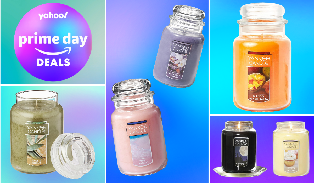 variety of Yankee Candle large jar candles in different scents alongside badge reading Yahoo! Prime Day deals