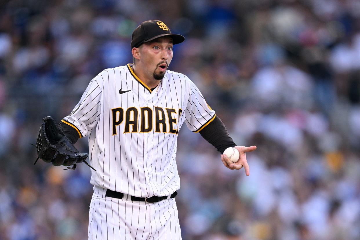 San Diego Padres starting pitcher Blake Snell (4) reacts after being called for a balk during the fourth inning against the Los Angeles Dodgers at Petco Park.