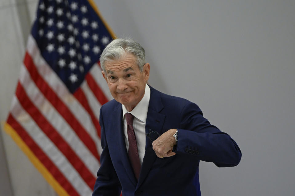 WASHINGTON DC, UNITED STATES - NOVEMBER 08: Jerome Powell, Chairman of the U.S. Federal Reserve, speaks during the conference celebrating the Centennial of the Division of Research and Statistics, Board of Governors of the Federal Reserve System in Washington D.C., United States on November 08, 2023. (Photo by Celal Gunes/Anadolu via Getty Images)