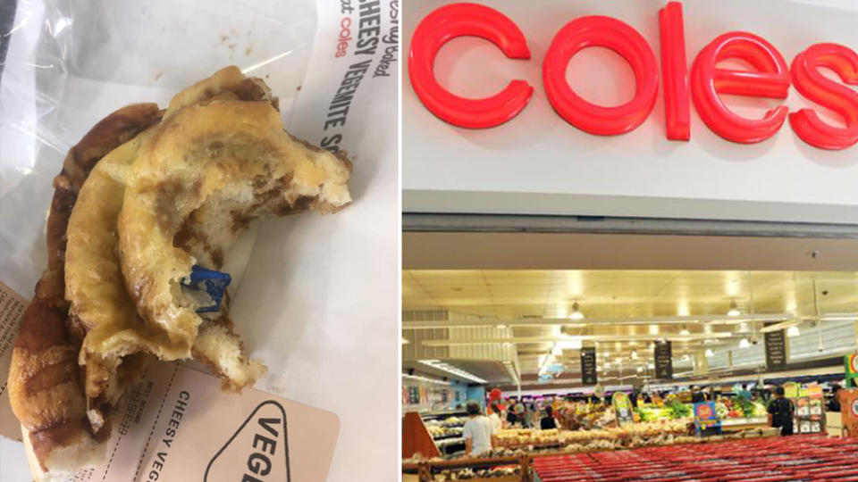 A Coles pastry with a blue band aid in it and a coles storefront