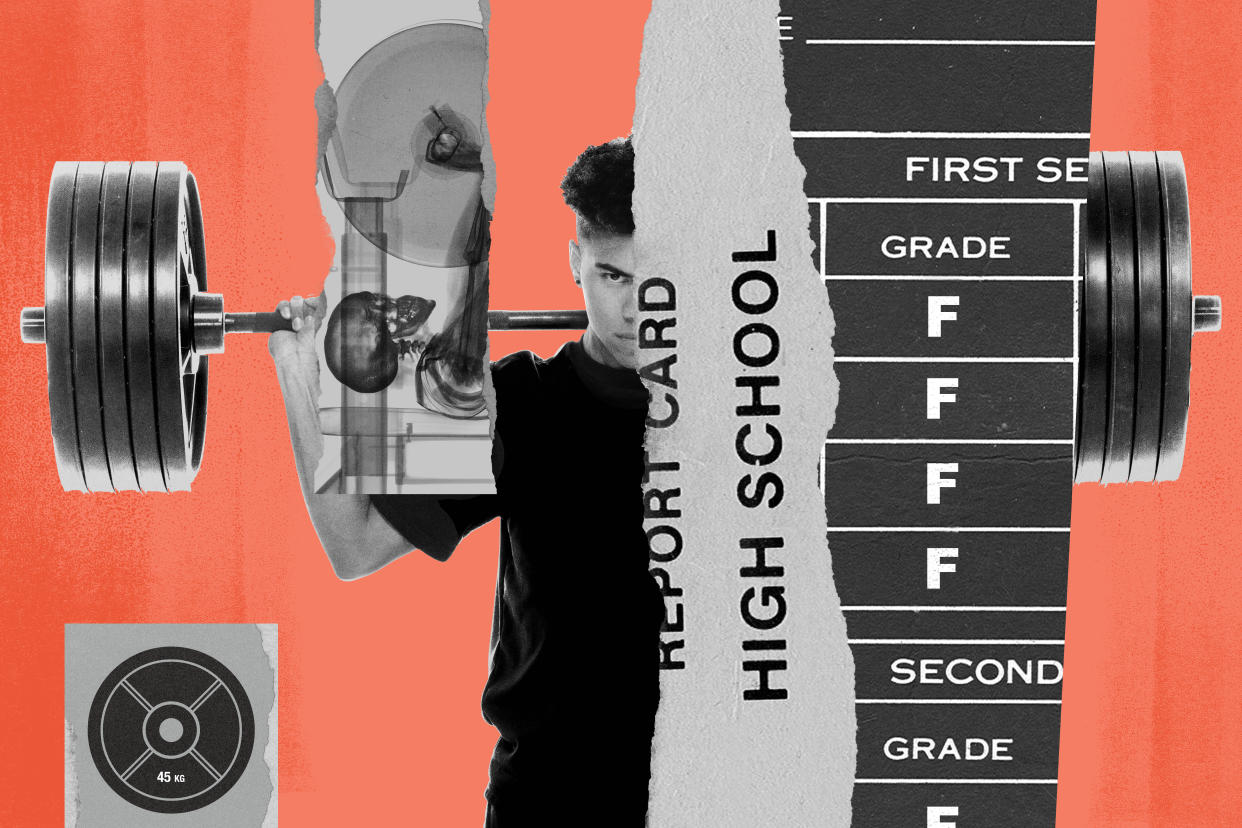 A photo illustration shows a young man lifting weights; a 45-kilogram weight plate; and a high school report card listing multiple F grades.