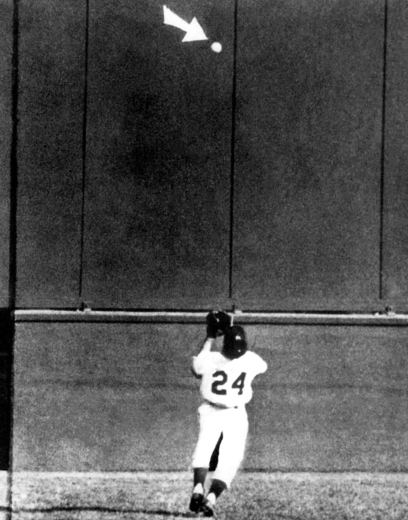 NEW YORK, NY – SEPTEMBER 29: Willie Mays #24 of the New York Giants goes back to catch the batted ball by Vic Wertz #23 (not pictured) of the Cleveland Indians during Game 1 of the 1954 World Series on September 29, 1954 at the Polo Ground V in New York, New York. The Mays catch is known as “The Catch”. (Photo by Bruce Bennett Studios via Getty Images Studios/Getty Images)