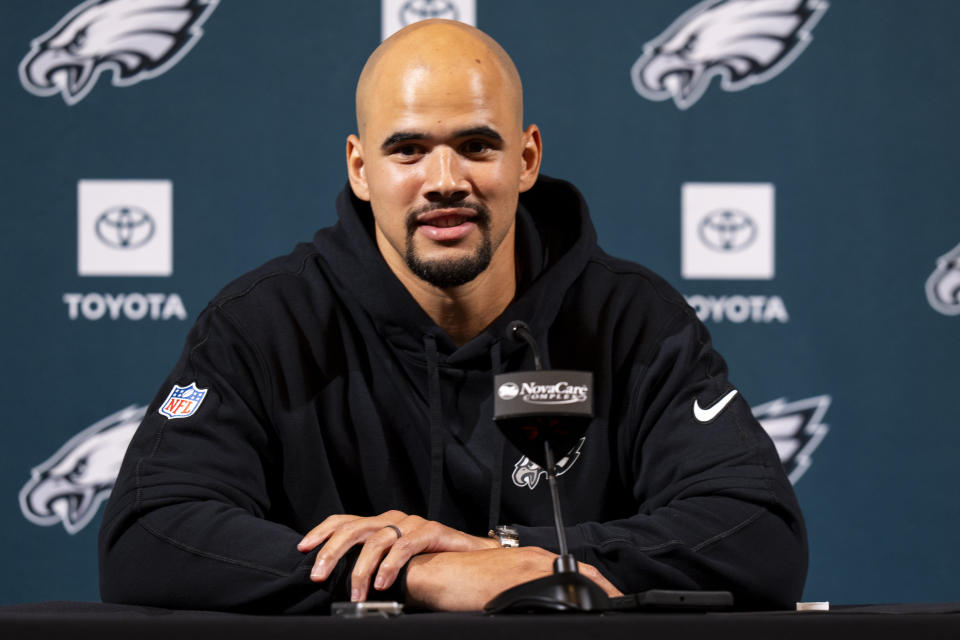 Philadelphia Eagles' Zack Baun speaks during a press conference after signing with the NFL football team, Thursday, March 14, 2024, in Philadelphia. (AP Photo/Chris Szagola)