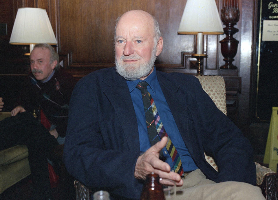 FILE - Author Lawrence Ferlinghetti appears in Oct. 8, 1988. Ferlinghetti, a poet, publisher and bookseller has died in San Francisco at age 101. His son says Ferlinghetti died at home on Monday, Feb. 22, 2021. Ferlinghetti helped launch and perpetuate the Beat movement. He was known for his City Lights bookstore in San Francisco, an essential meeting place for the Beats and other bohemians in the 1950s and beyond. (AP Photo/Frankie Ziths, File)