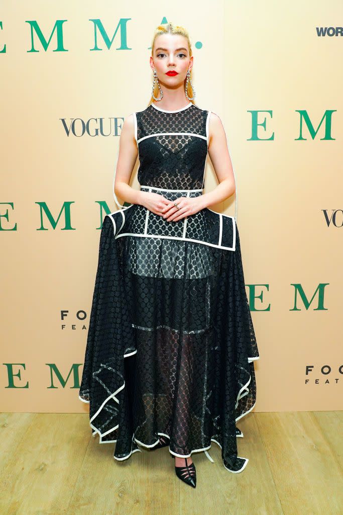 <p>The Emma star wore a Loewe monochrome dress for the screening. </p>