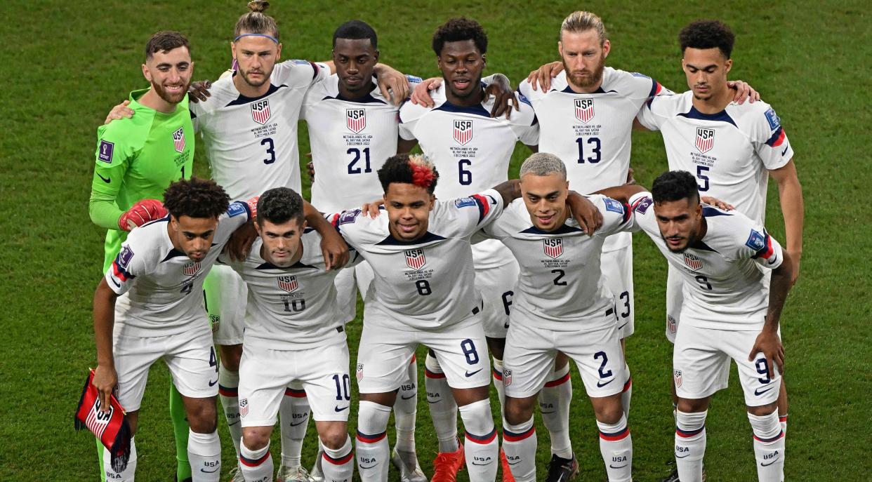 (Top, L-R) USA's goalkeeper No. 1 Matt Turner, defender No. 3 Walker Zimmerman, forward No. 21 Timothy Weah, midfielder No. 6 Yunus Musah, defender No. 13 Tim Ream, defender No. 5 Antonee Robinson and (bottom L-R) midfielder No. 4 Tyler Adams, forward No. 10 Christian Pulisic, midfielder No. 8 Weston McKennie, defender No. 2 Sergino Dest and forward No. 9 Jesus Ferreira pose for the team picture ahead of the Qatar 2022 World Cup round of 16 match between the Netherlands and USA at Khalifa International Stadium in Doha on Dec. 3, 2022. (Photo by RAUL ARBOLEDA/AFP via Getty Images)