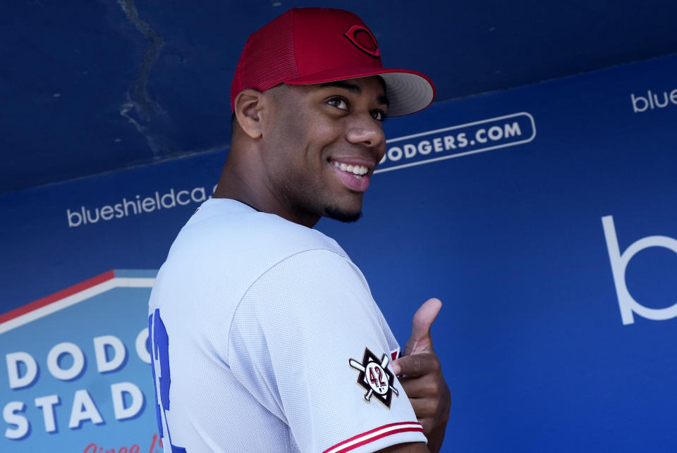 Los Angeles, CA - April 15:  Hunter Greene #21 of the Cincinnati Reds and Notre Dame High School alumni with his #42 jersey and shoes in honor of Jackie Robinson prior to a MLB baseball game between the Los Angeles Dodgers and the Cincinnati Reds at Dodger Stadium in Los Angeles on Friday, April 15, 2022. (Photo by Keith Birmingham/MediaNews Group/Pasadena Star-News via Getty Images)