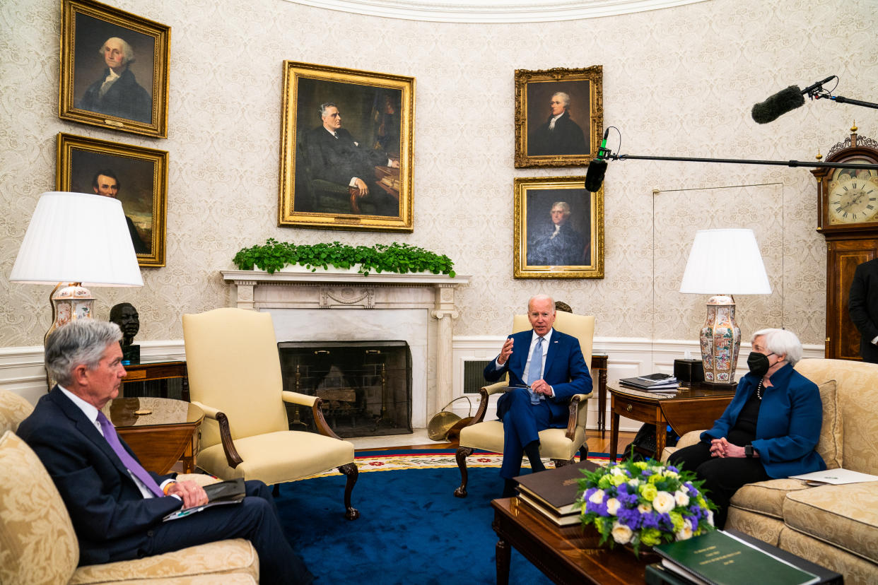 WASHINGTON, DC  May 31, 2022:

US President Joe Biden meets with Federal Reserve Chair Jerome Powell and US Treasury Secretary Janet Yellen to discuss the state of the American and global economy in the Oval Office at the White House on May 30, 2022. 

(Photo by Demetrius Freeman/The Washington Post via Getty Images)