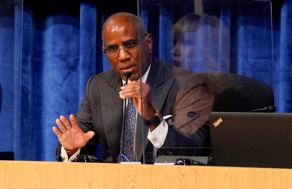 Vice Chair and Miami-Dade School Board District 1 Board Member Dr. Steve Gallon III reacts during a special meeting where the board reconsidered and reversed its decision on whether to adopt the recommended health and sex-education textbook at Miami-Dade County School Board Administration Building in Miami, Florida, on Thursday, July 28, 2022.