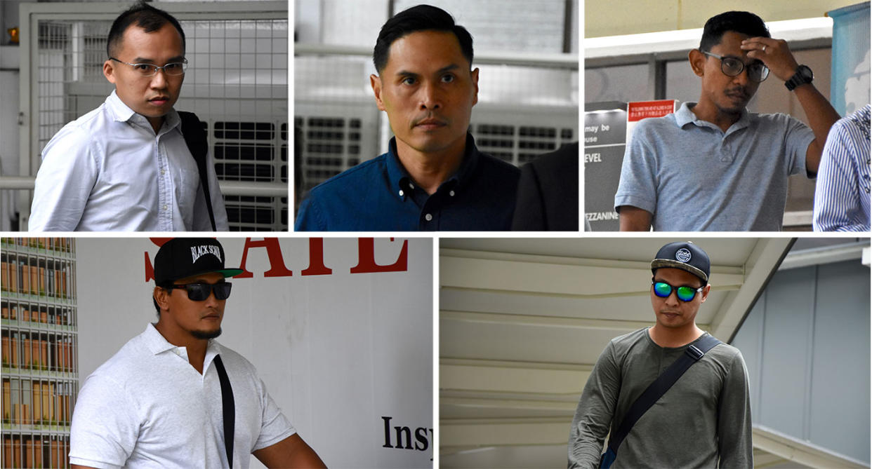 The 5 SCDF personnel charged over the drowning of an NSF in May 2018. Clockwise from top left: LTA Kenneth Chong Chee Boon, SWO1 Nazhan Nazi, WO1 Farid Saleh, SSG Fatwa Mahmood and SSG Adighazali Suhaimi. (Photo: Suhaile MD/Yahoo News Singapore)