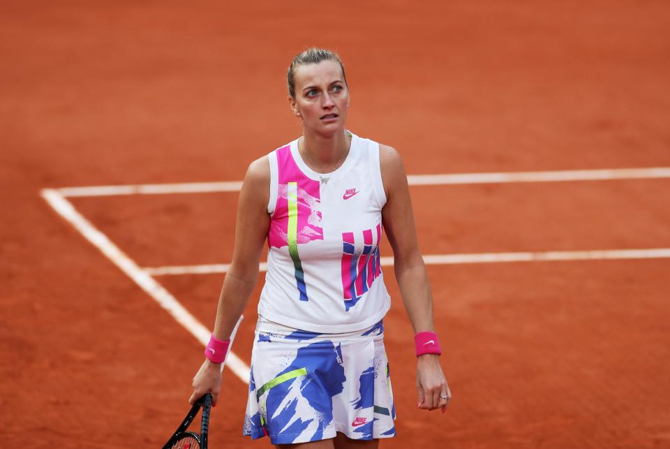 Petra Kvitova reacts during the women's singles semifinal match against Sofia Kenin at the French Open.